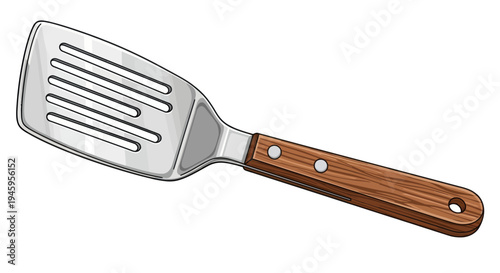 Slotted Metal Spatula with Wooden Handle - Kitchen Utensil Isolated