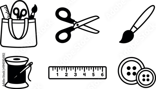 Minimalist flat design sewing tools vector art including scissors brush ruler buttons spool needle and tote bag icons