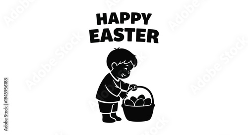 Vector graphic illustration of a happy young boy collecting chocolate eggs during an Easter hunt celebration