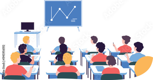Students studying in classroom with teacher presentation chart on board, school education learning concept, classroom lecture and data analysis lesson vector illustration
