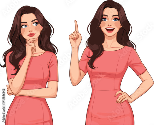 Beautiful young woman character thinking and pointing finger up having an idea wearing pink dress isolated on white background for creative concept and education.