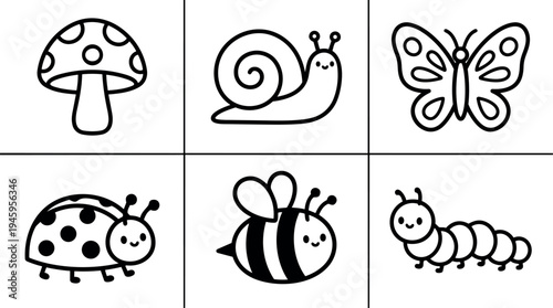 Cute black and white line art vector illustrations of mushroom snail butterfly ladybug bee and caterpillar icons set