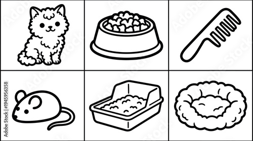 Cute fluffy kitten sitting next to food bowl comb mouse litter box and pet bed vector set line art