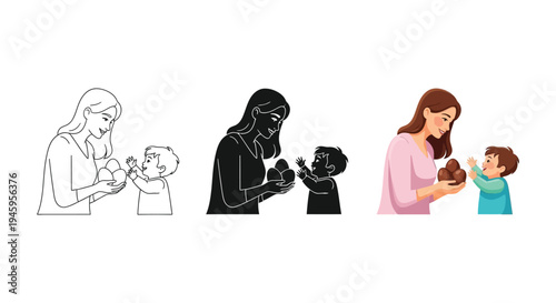 Mother offers chocolate Easter eggs to excited young child in three distinct vector graphic styles
