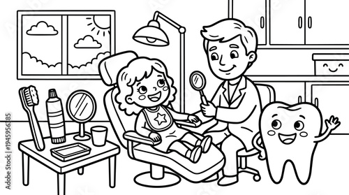 Black and white cartoon dentist examining smiling little girl sitting on chair with happy dental tooth character and oral hygiene tools
