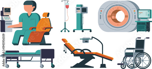 Hospital medical equipment collection, MRI scanner, dental chair, IV drip stand, patient bed and wheelchair illustration, healthcare technology devices, clinic treatment vector set