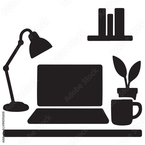 Modern minimalist workspace with laptop, desk lamp, and potted plant