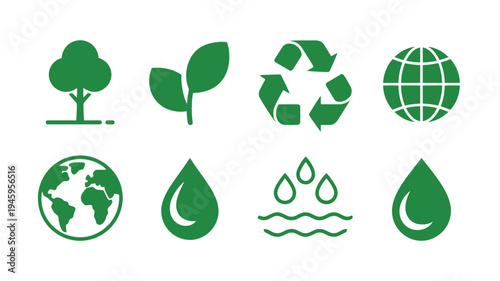 Environmental Protection Icon Set with Nature Conservation, Recycling and Sustainable Planet Symbols