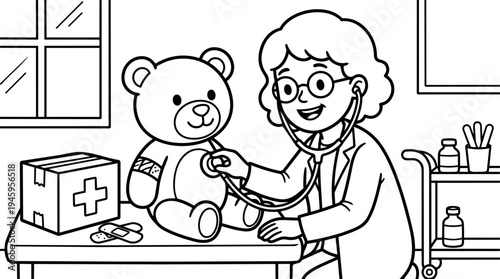 Black and white line art doctor examining teddy bear with stethoscope pediatric clinic setting smiling female vector illustration