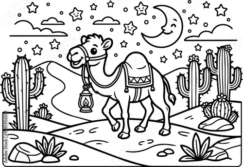 Cute smiling camel walking with saddle and lantern in desert night landscape with crescent moon stars and cacti vector art