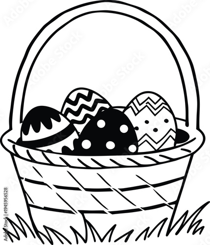 Easter basket with decorated eggs line art illustration vector
