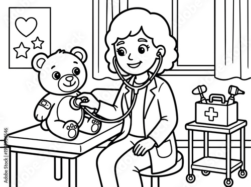 Black and white line art of smiling female doctor using stethoscope on teddy bear in pediatric clinic interior with medical tools window and decoration