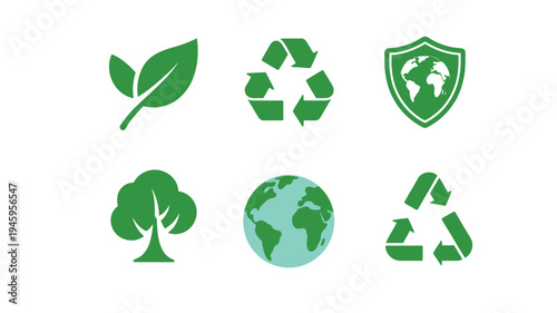 Earth Protection Icon Set with Globe, Leaf, Recycling and Environmental Conservation Symbols