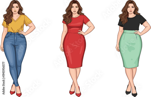 Beautiful curvy woman character set wearing various stylish outfits including denim jeans red dress and pencil skirt with t-shirt for fashion body positivity.