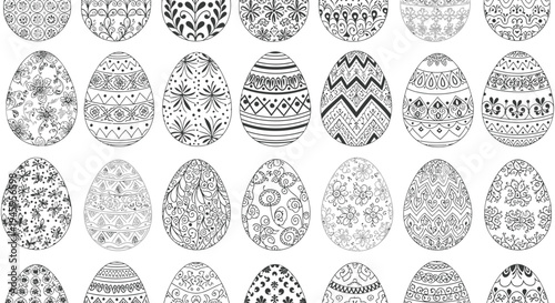 Ornate hand-drawn Easter eggs create a beautiful seamless vector graphic pattern design for spring.