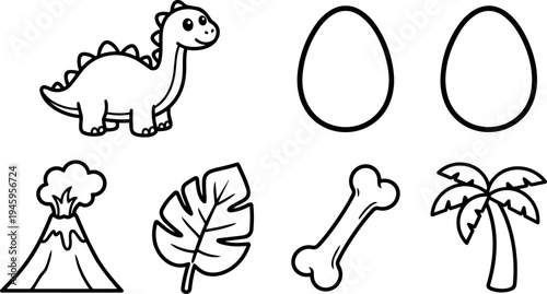 Cute dinosaur standing near two eggs volcano leaf bone and palm tree simple black and white line art vector icons