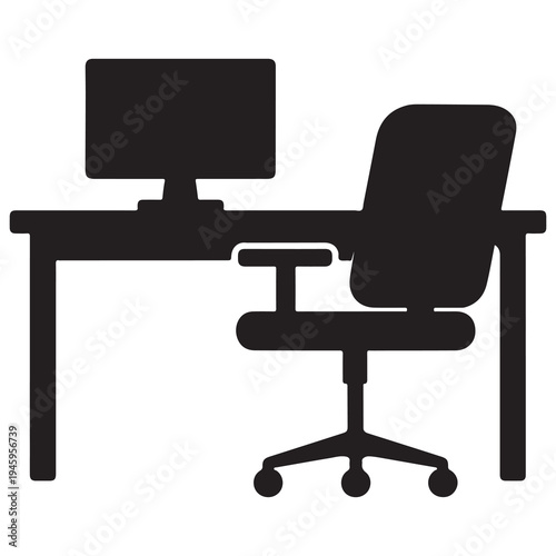 Minimalist silhouette of a modern desk, computer, and office chair, representing a workspace.