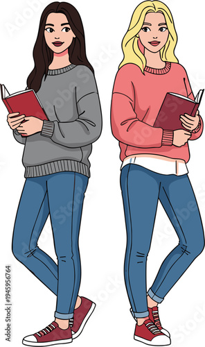 Two young female students standing and holding books wearing casual sweaters and jeans isolated on white background flat vector illustration