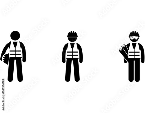 Three stick figures depicting construction workers or engineers wearing safety vests and hard hats, with one holding blueprints.
