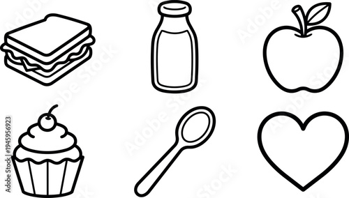 Simple black line art set of sandwich milk bottle apple cupcake spoon and heart vector icons on white background