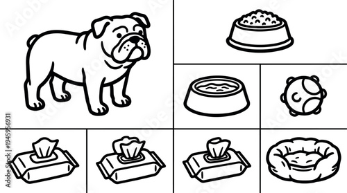 Black line art of standing bulldog with dog food bowl water bowl pet toy wet wipes and soft pet bed set