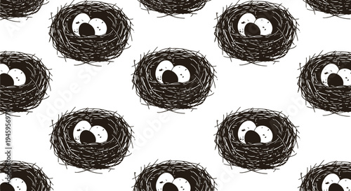 Charming hand-drawn vector illustration graphic pattern showing cute cartoon bird nests with eggs.