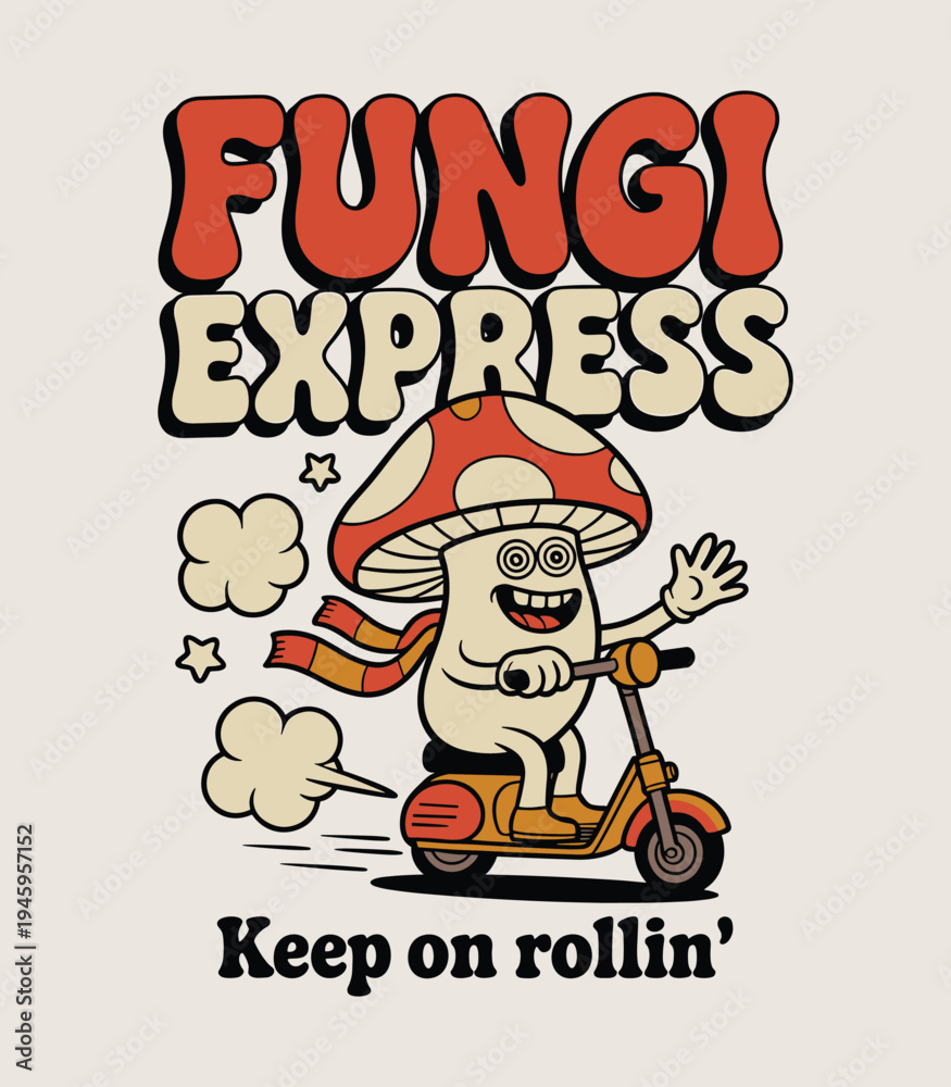 Fototapeta premium Retro Fungi Express Mushroom Character on Scooter Vintage Style Illustration