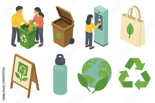 Zero Waste Icons. Community Zero Waste flat icons people recycling, compost bin, refill station, tote bag, poster board, reusable bottle, earth symbol, eco arrows