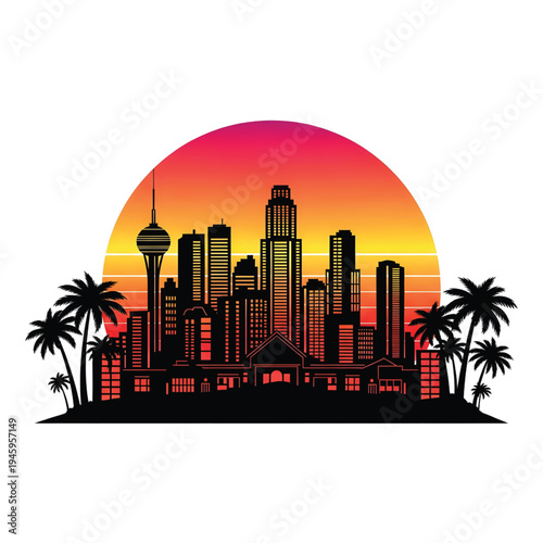 Silhouette cityscape against a vibrant sunset, featuring palm trees and skyscrapers, evoking a tropical urban vibe