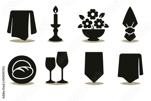 Brutalist Dining Icons. Elegant Dining Decor silhouette set: linen cloth, candlelight, centerpiece flowers, napkin ring, glass set, bread plate, table runner, soft shadow