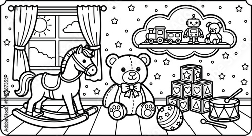 Black and white line art illustration of rocking horse teddy bear toy blocks drum ball and robot on cloud shelf in childs playroom with window curtains stars and sun