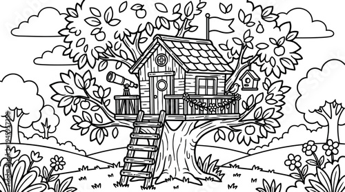 Black and white line art treehouse with ladder telescope birdhouse surrounded by flowering plants hills and clouds vector illustration