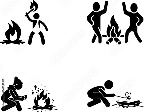 Stick figures illustrating various activities around a campfire, including survival, warmth, and social gatherings.