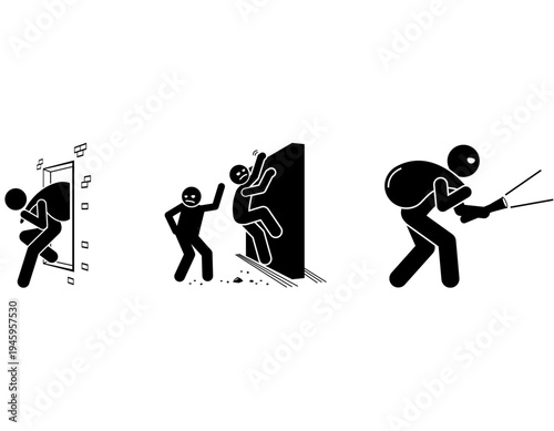 Three stick figures illustrating various acts of crime, including breaking in, climbing over a wall, and a burglar carrying stolen goods with a flashlight.