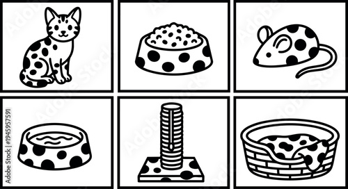 Black and white cartoon style cat sitting with polka dot pet bowl scratching post and toy mouse set vector art illustration