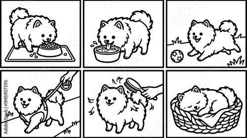 Black and white line art vector of fluffy dog eating drinking playing walking brushing sleeping in cozy basket scenes