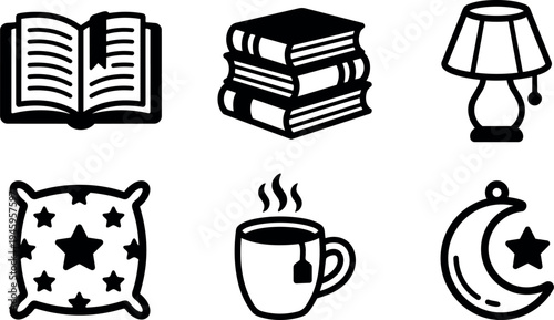 Black and white vector icons of open book with bookmark stack of books table lamp decorated pillow tea cup and crescent moon with star