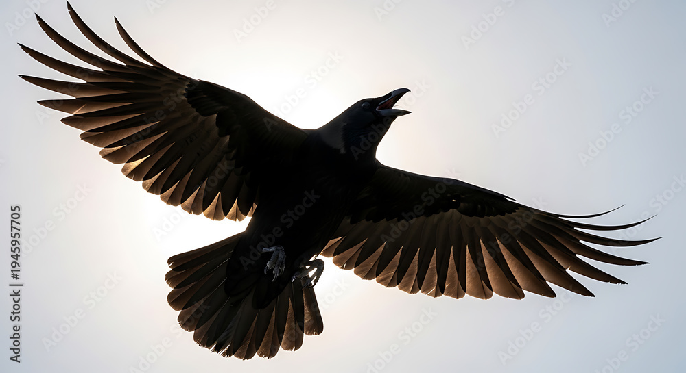 Obraz premium A silhouetted raven with wings spread captured against a bright sun on transparent background