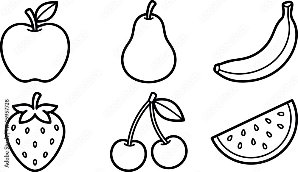Naklejka premium Black line art vector icons of apple pear banana strawberry cherry and watermelon fruit with leaves and seeds set
