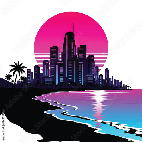 Vibrant retrowave cityscape illustration at sunset with synthwave ocean reflections, palm trees, and a stunning retro-futuristic horizon