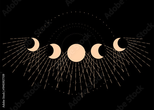 Moon phases with shining rays. Gold design elements on a black background