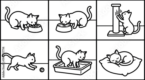 Black line art cat drinking from bowl scratching post playing with ball using litter box and sleeping on pillow vector illustration