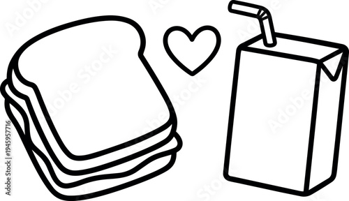 Black and white line art sandwich with heart symbol and juice box with straw minimalist vector food illustration