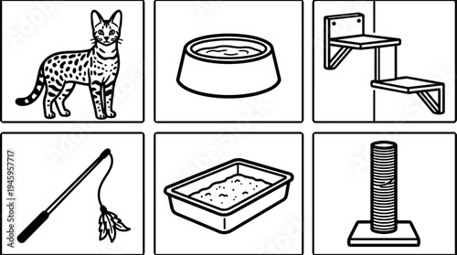 Black line art vector icons of serval cat food bowl wall shelf cat toy litter box and scratching post for pet care accessories