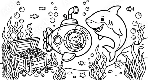 Black and white line art underwater scene with smiling child in submarine and friendly shark near treasure chest and seaweed