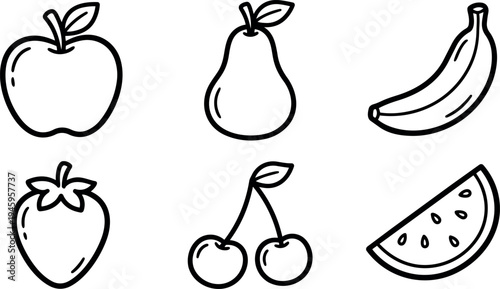Minimalist black line fruit icons apple pear banana strawberry cherry and watermelon slice set vector art collection