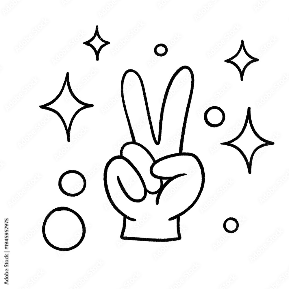 Fototapeta premium Hand-drawn peace sign hand gesture with sparkles in black and white line art, cute positive symbol illustration