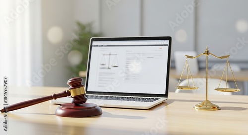 Wooden Gavel and Golden Scales of Justice on Desk with Laptop for Legal Consultation