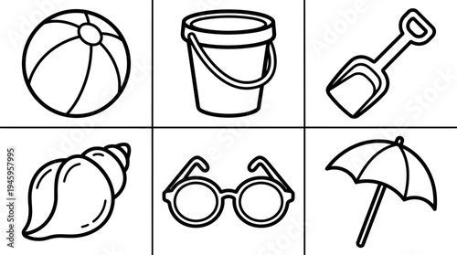Minimalist black line icons of beach ball bucket shovel shell sunglasses and umbrella vector set in simple style