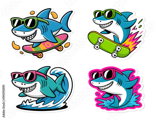 Cool Shark Cartoon Characters Sticker Set.